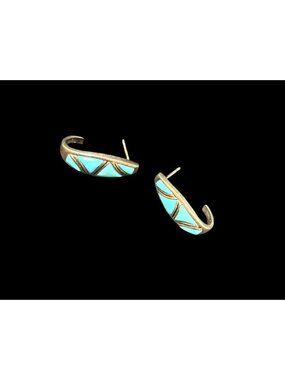 Teme NAVAJO Turquoise Minimalist Sterling Silver Signed Half Hoop Pierced